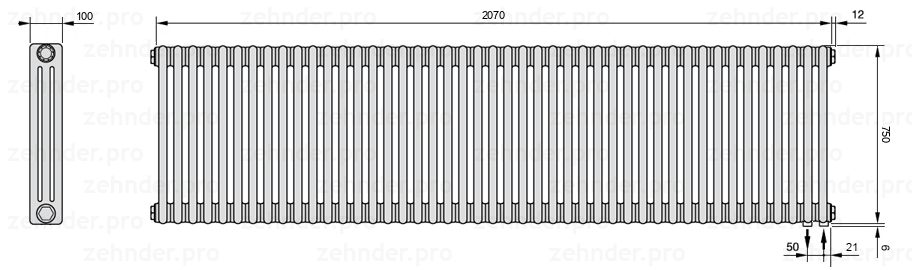 Схема (чертеж) Радиатор Zehnder Charleston 3075/45 №5510 Белый глянцевый RAL 9016
